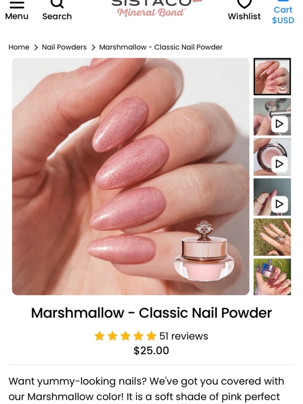 Sistaco Marshmallow Classic Nail Powder - Soft Shimmer Pink